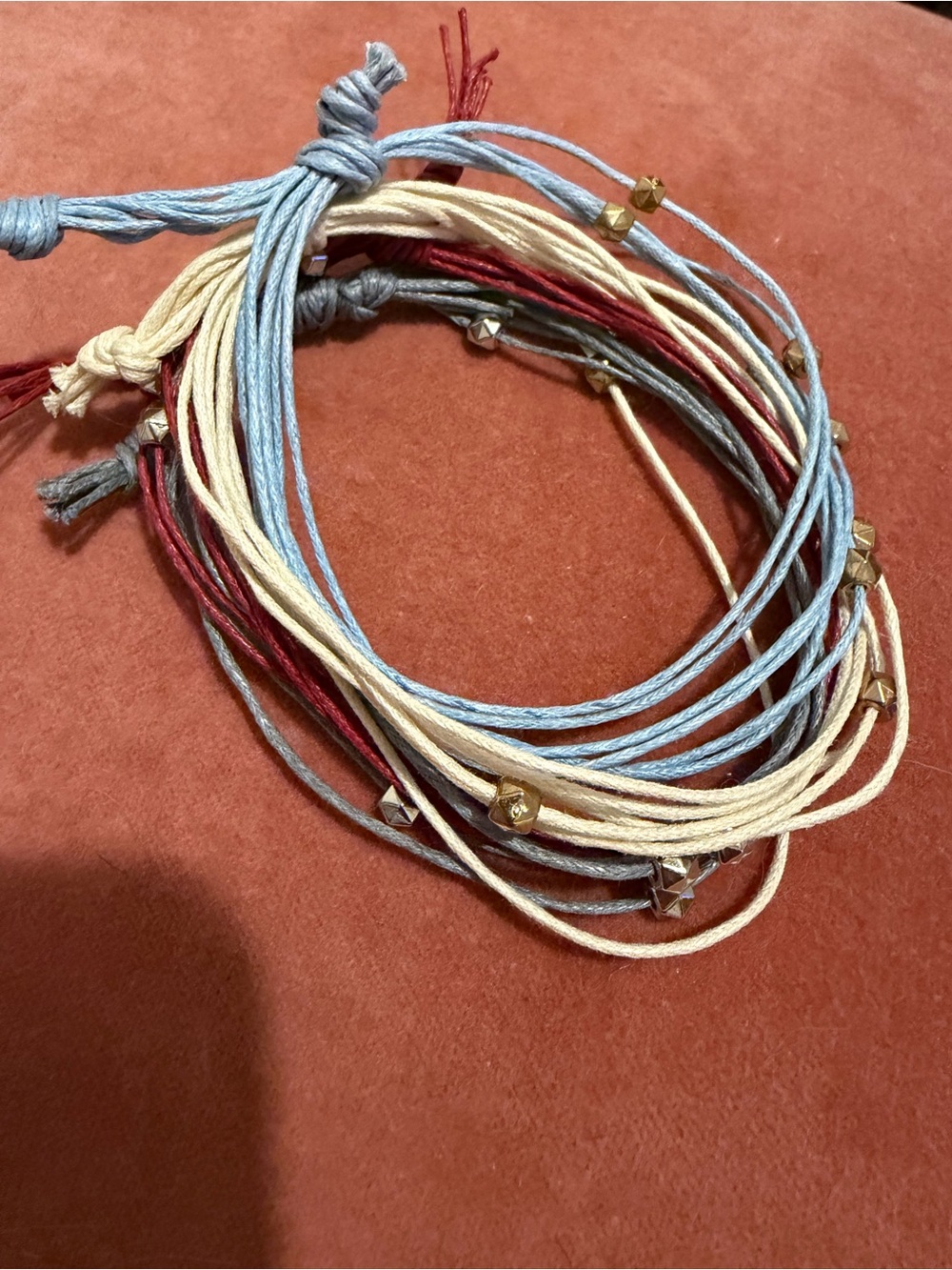 Handcrafted Multicolor Cord Bracelet Set - Blue, Cream, Gray, Burgundy